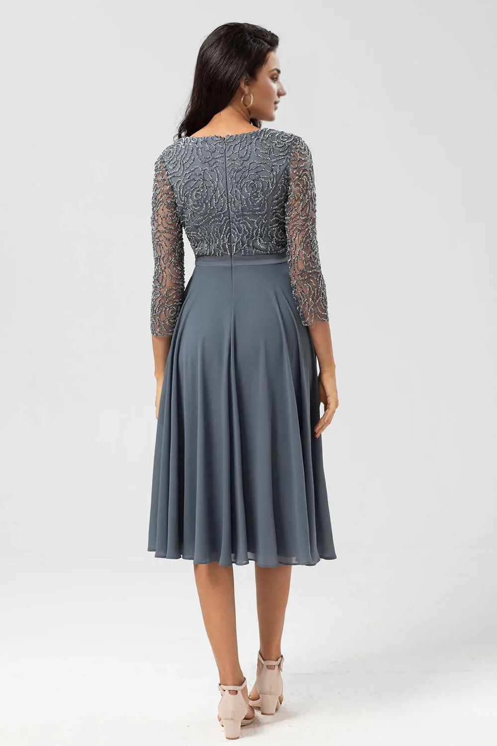 Vintage A Line V Neck Long Sleeve Zipper Up Tea-Length Mother of the Bride Dress