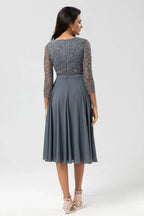 Vintage A Line V Neck Long Sleeve Zipper Up Tea-Length Mother of the Bride Dress