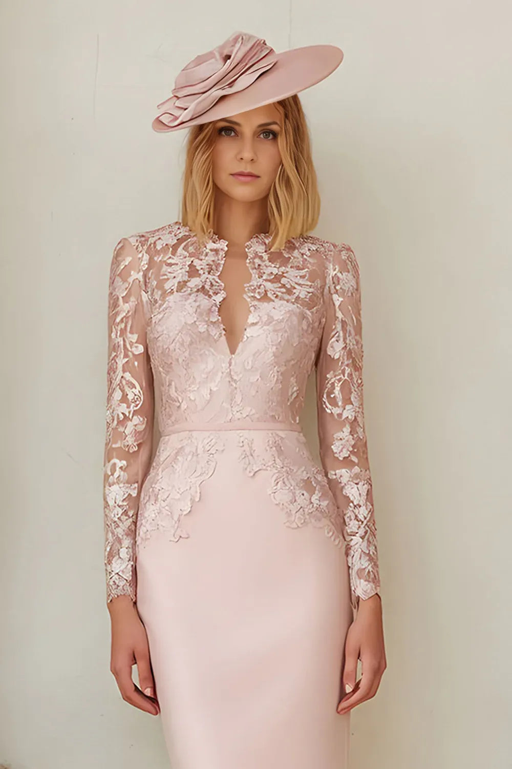 Vintage Bodycon Deep V Neck Long Sleeve Floral Knee-Length Mother of the Bride Dress