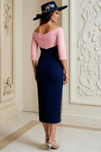 Vintage Bodycon Off the Shoulder Long Sleeve Zipper Up Tea-Length Mother of the Bride Dress