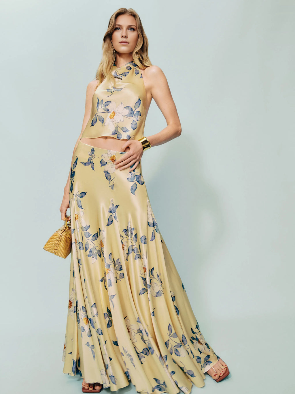 Dress Vintage Cowl Hight Neck Two Piece Sleeveless A-line Prom Dress Maxi Dress Backless Flower Printed Evening Dress