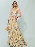 Dress Vintage Cowl Hight Neck Two Piece Sleeveless A-line Prom Dress Maxi Dress Backless Flower Printed Evening Dress
