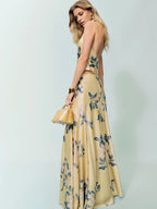 Dress Vintage Cowl Hight Neck Two Piece Sleeveless A-line Prom Dress Maxi Dress Backless Flower Printed Evening Dress