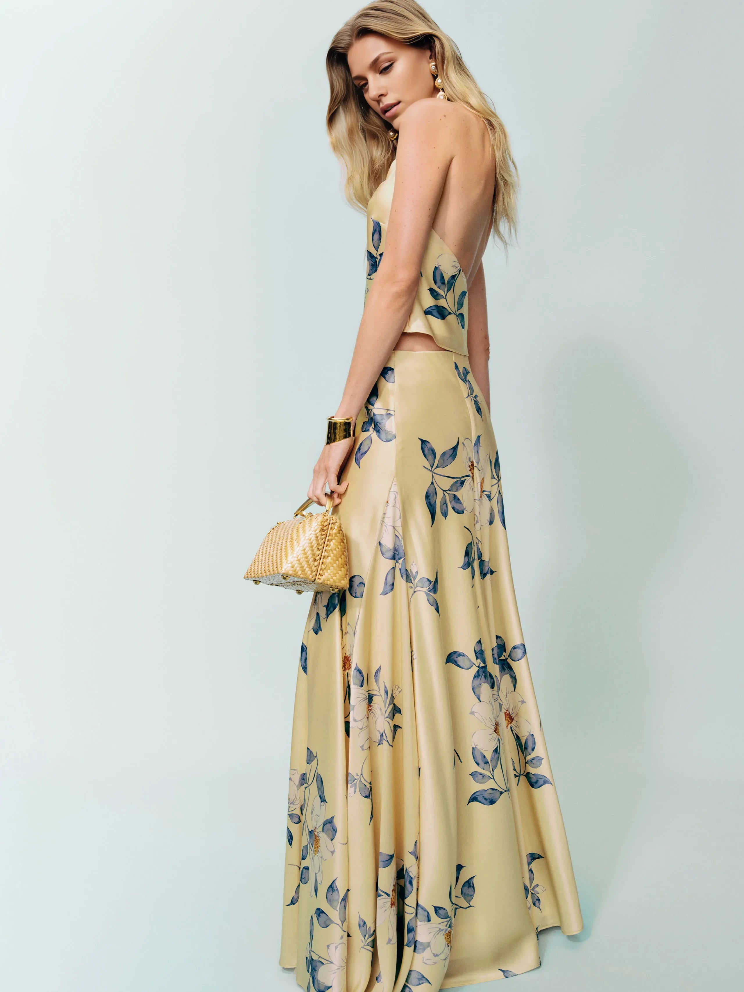 Dress Vintage Cowl Hight Neck Two Piece Sleeveless A-line Prom Dress Maxi Dress Backless Flower Printed Evening Dress