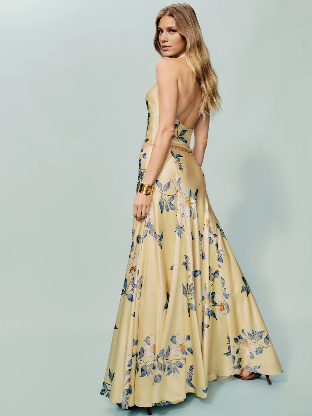 Dress Vintage Cowl Hight Neck Two Piece Sleeveless A-line Prom Dress Maxi Dress Backless Flower Printed Evening Dress