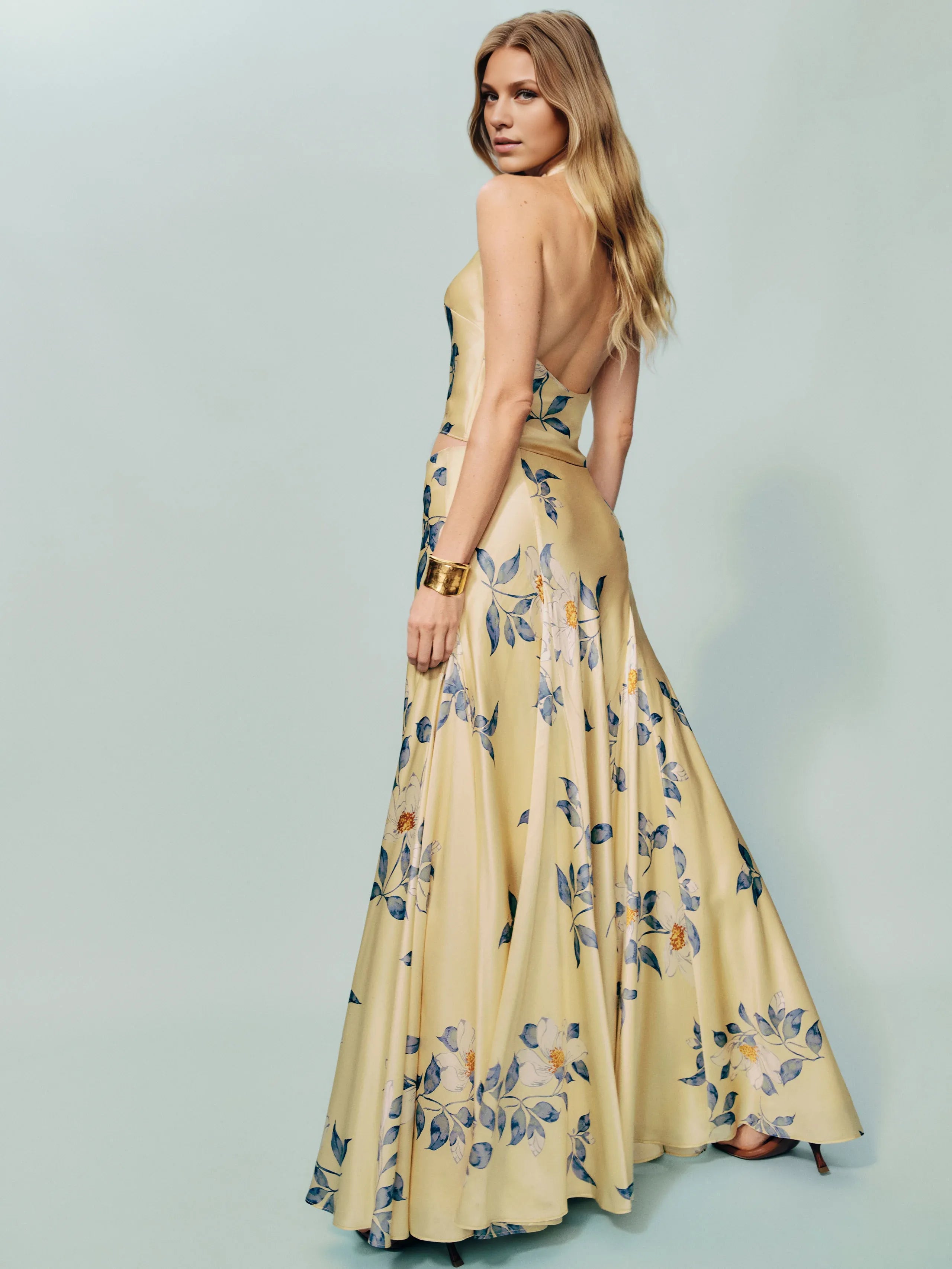 Dress Vintage Cowl Hight Neck Two Piece Sleeveless A-line Prom Dress Maxi Dress Backless Flower Printed Evening Dress