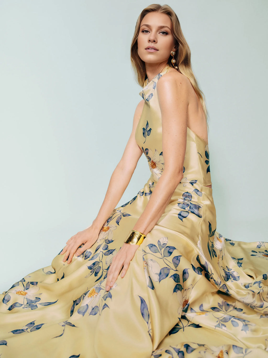 Dress Vintage Cowl Hight Neck Two Piece Sleeveless A-line Prom Dress Maxi Dress Backless Flower Printed Evening Dress