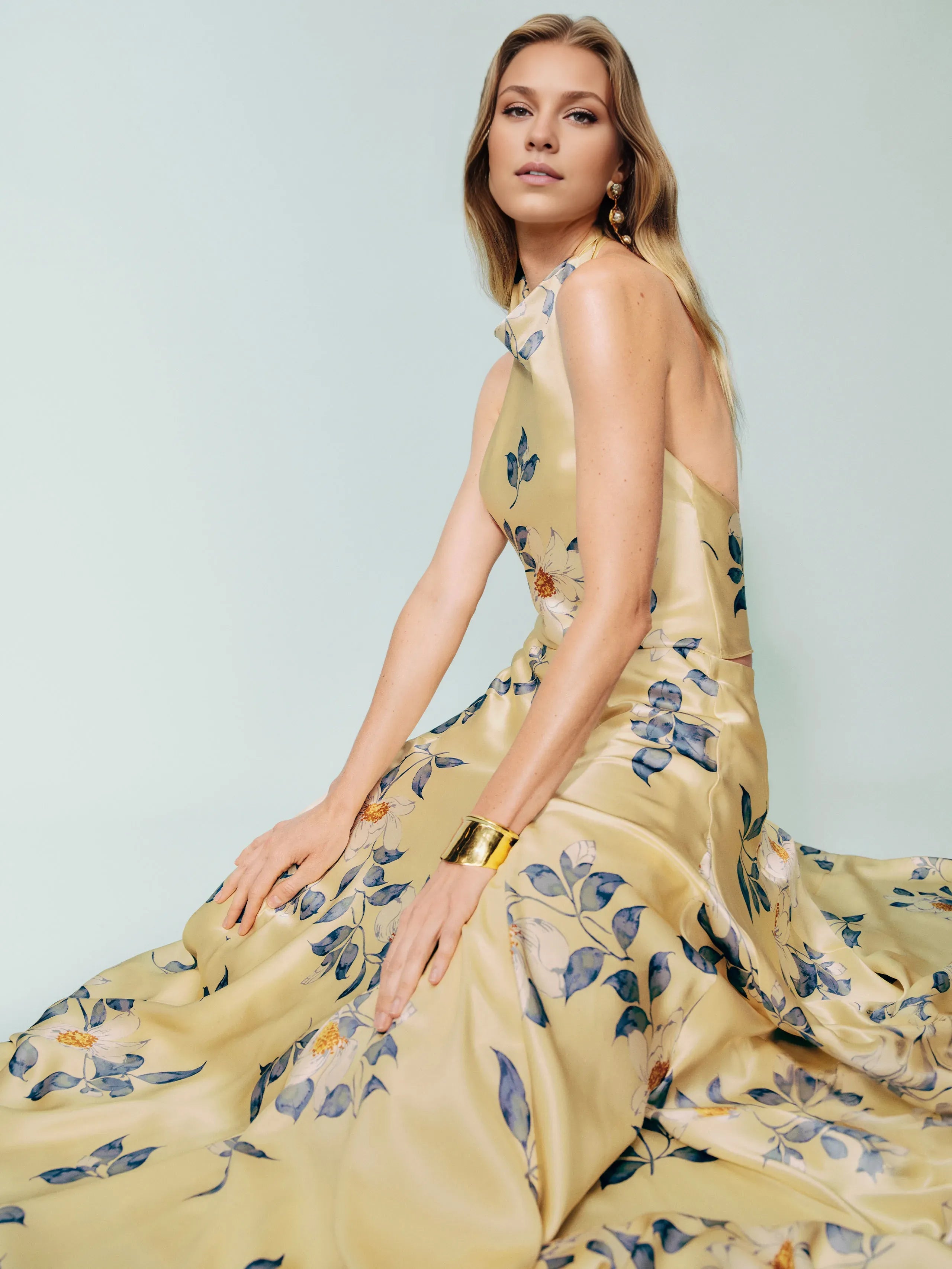 Dress Vintage Cowl Hight Neck Two Piece Sleeveless A-line Prom Dress Maxi Dress Backless Flower Printed Evening Dress