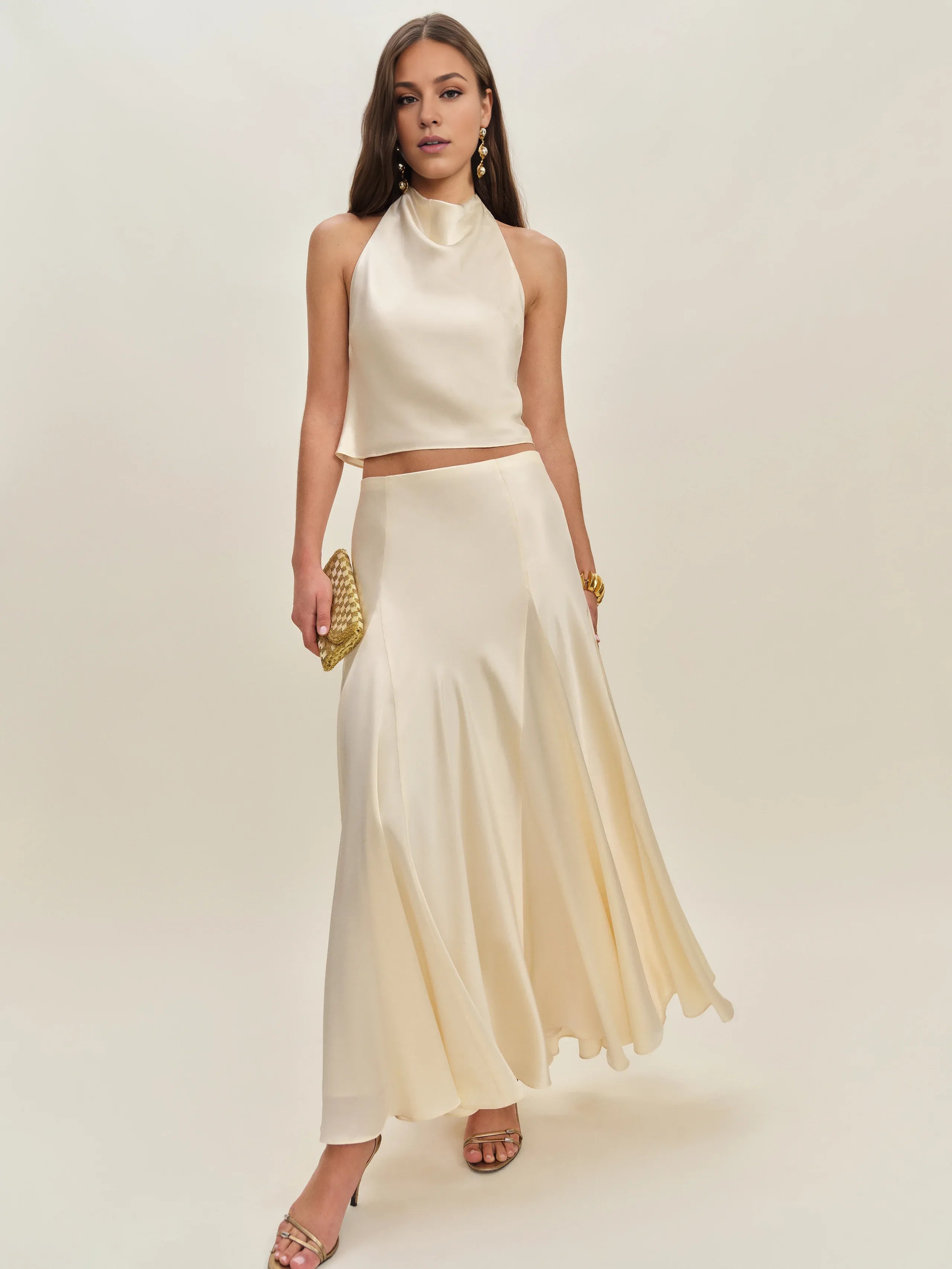 Dress Vintage Cowl Hight Neck Two Piece Sleeveless A-line Prom Dress Maxi Dress Backless Solid Color Evening Dress