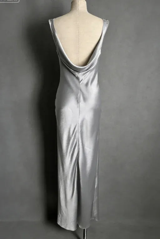 Vintage Elegant Sheath Straps Grey Satin Long Prom Dress Evening Dress