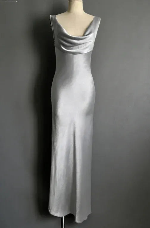 Vintage Elegant Sheath Straps Grey Satin Long Prom Dress Evening Dress