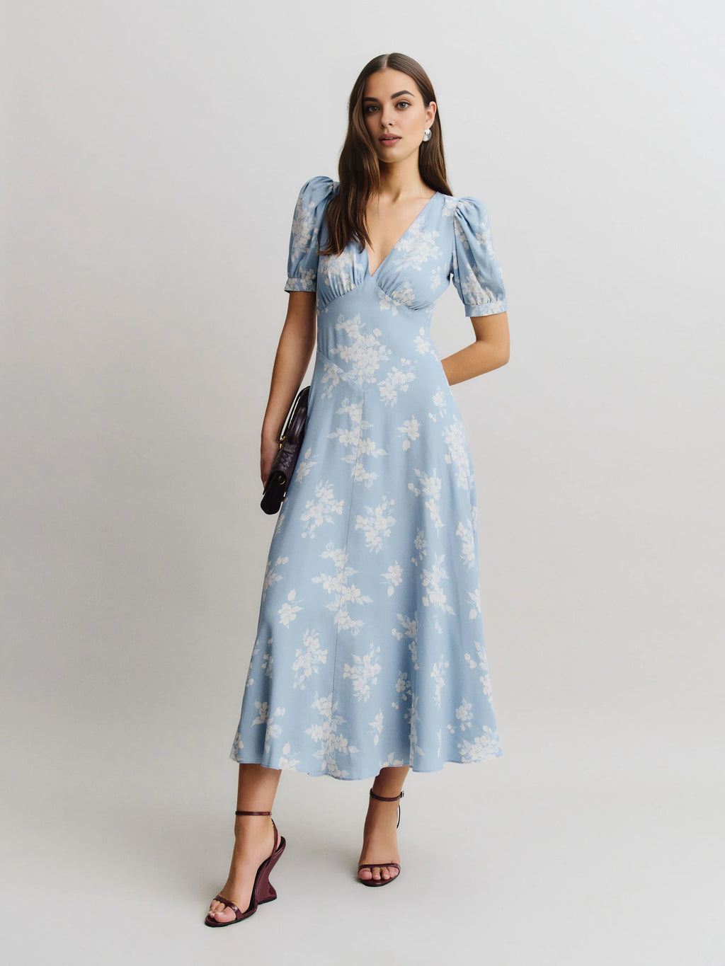 Dress Vintage Flower Printed Deep V Neck Short Sleeves A-line Prom Dress Maxi Dress Back Full Coverage Evening Dress