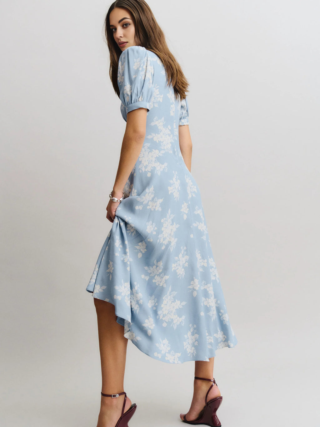 Dress Vintage Flower Printed Deep V Neck Short Sleeves A-line Prom Dress Maxi Dress Back Full Coverage Evening Dress