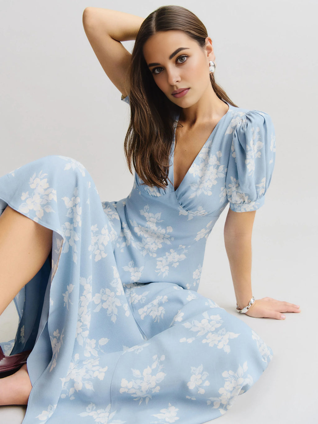Dress Vintage Flower Printed Deep V Neck Short Sleeves A-line Prom Dress Maxi Dress Back Full Coverage Evening Dress