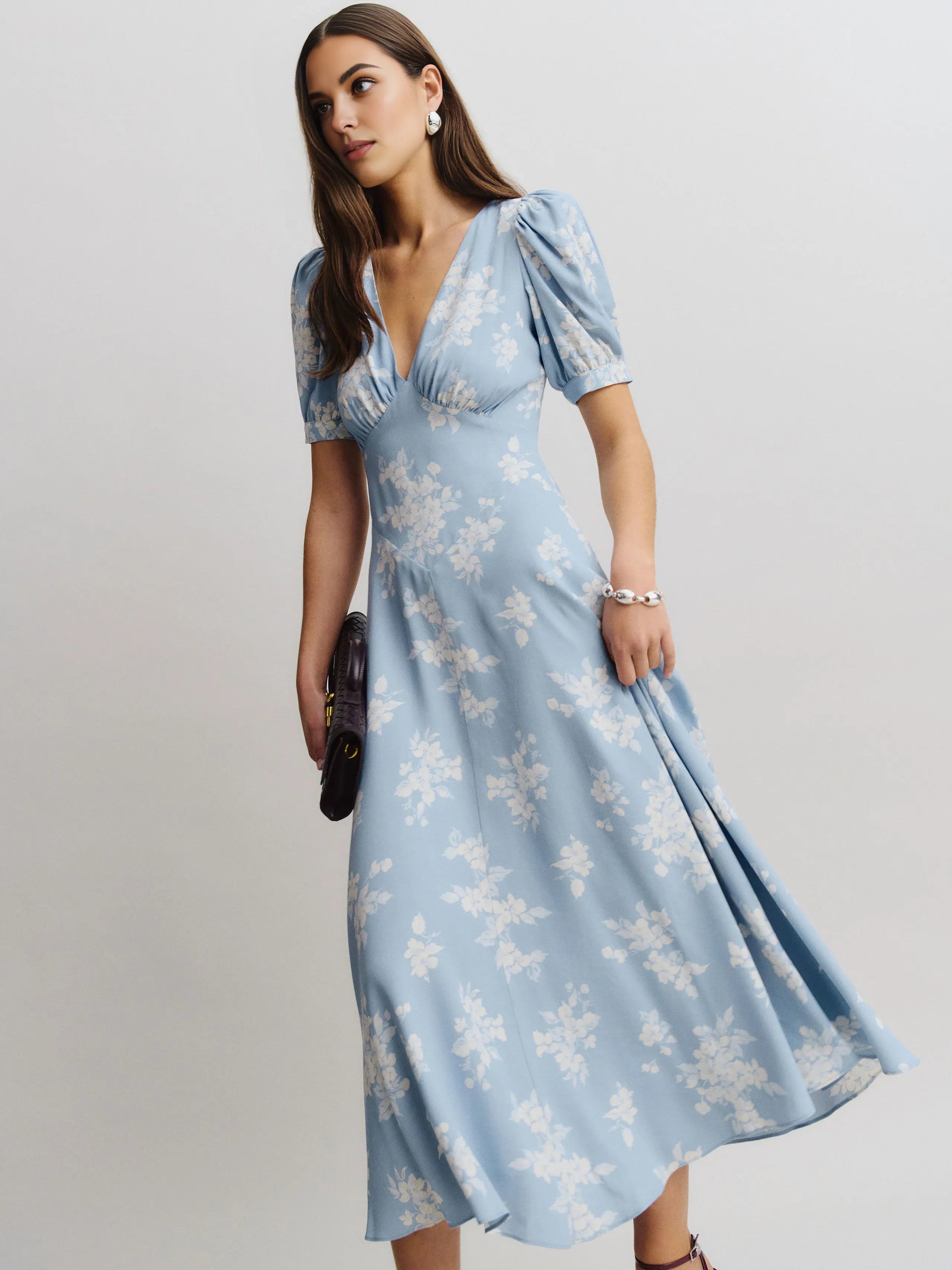 Dress Vintage Flower Printed Deep V Neck Short Sleeves A-line Prom Dress Maxi Dress Back Full Coverage Evening Dress