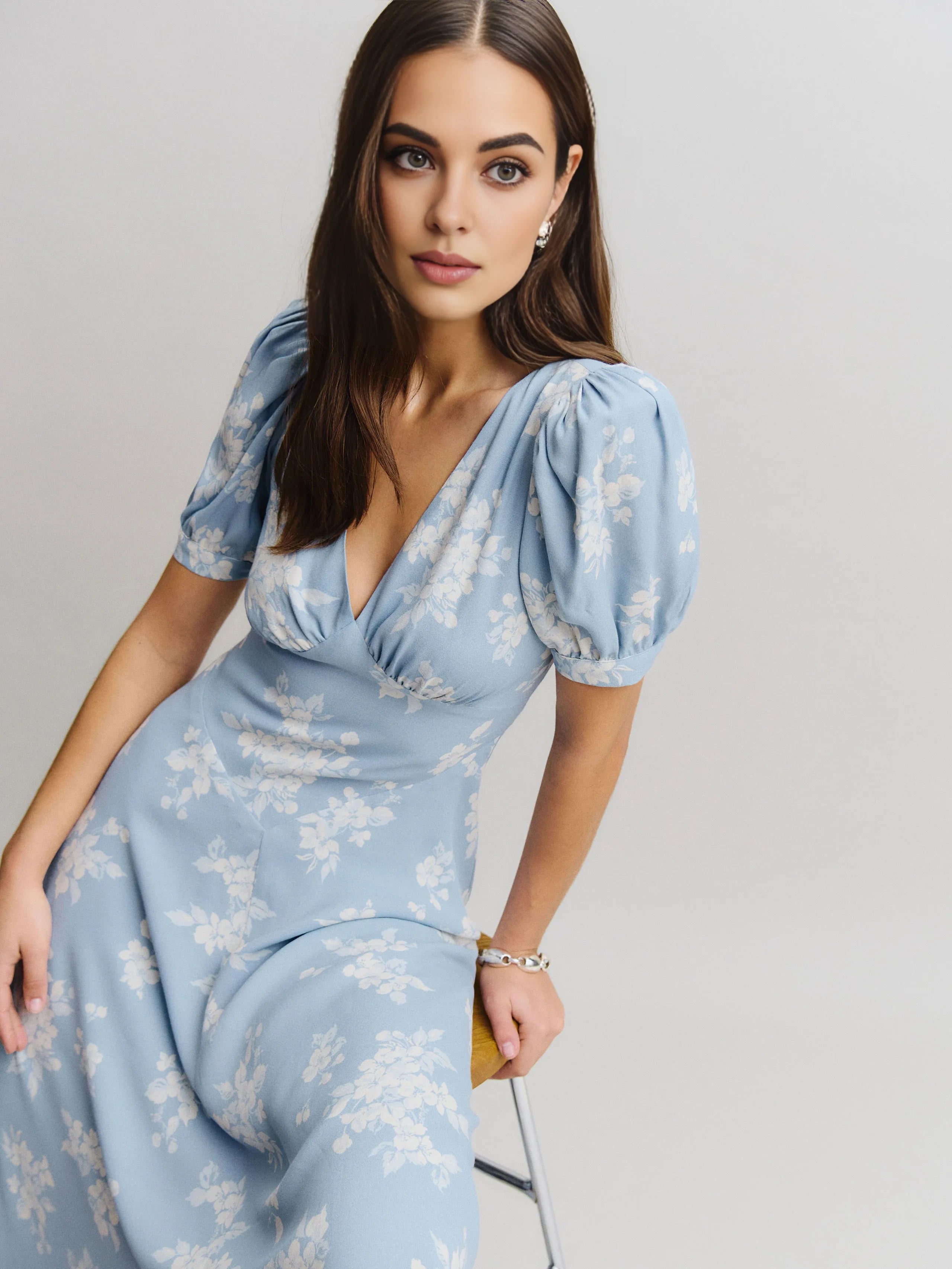 Dress Vintage Flower Printed Deep V Neck Short Sleeves A-line Prom Dress Maxi Dress Back Full Coverage Evening Dress