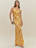 Dress Vintage Flower Printed Scoop Neck Sleeveless Mermaid Prom Dress Maxi Dress Backless Up Evening Dress
