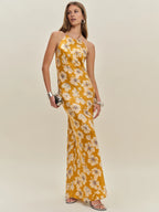 Dress Vintage Flower Printed Scoop Neck Sleeveless Mermaid Prom Dress Maxi Dress Backless Up Evening Dress