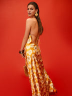 Dress Vintage Flower Printed Scoop Neck Sleeveless Mermaid Prom Dress Maxi Dress Backless Up Evening Dress