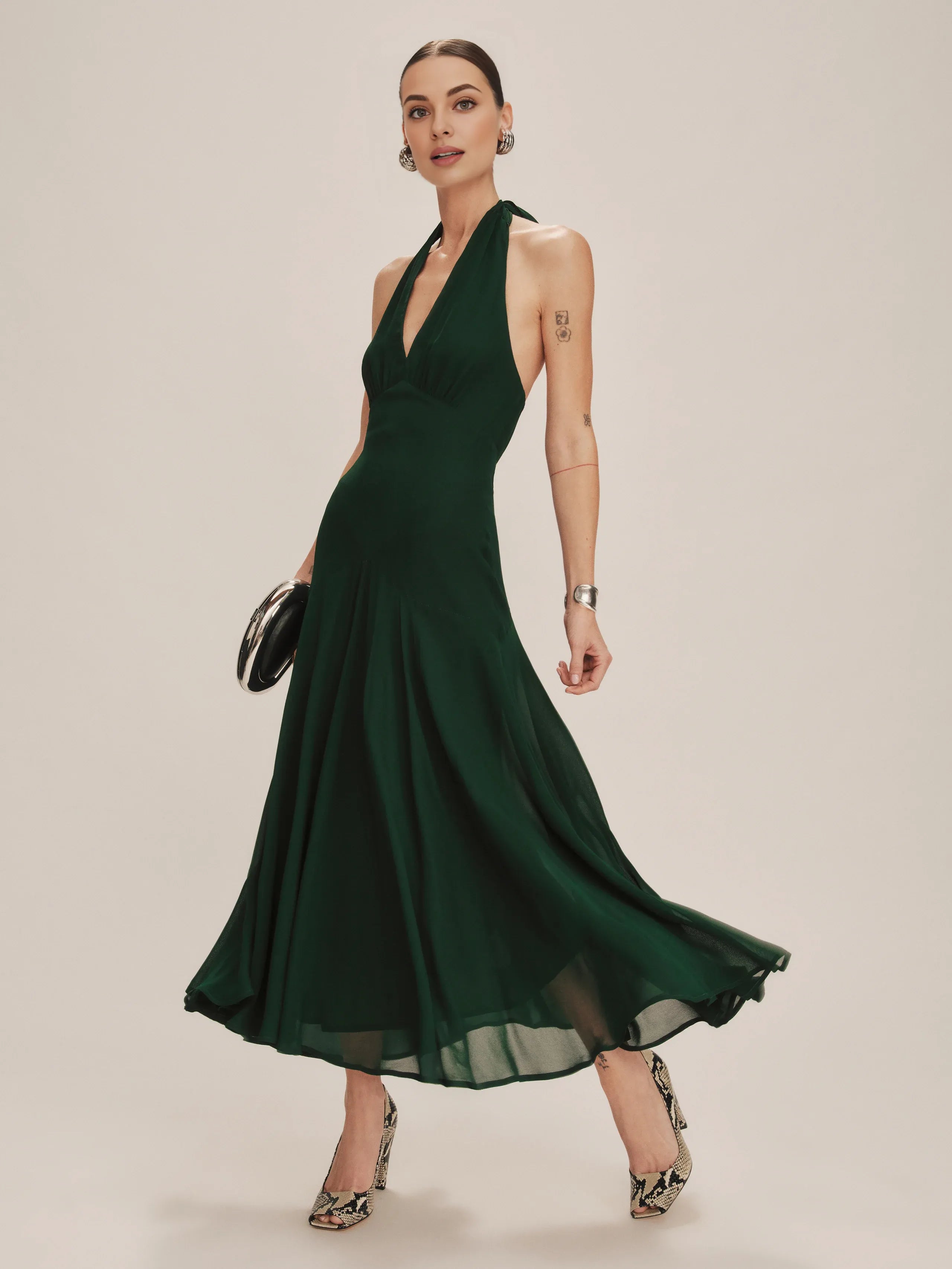Dress Vintage Forest Halter Deep V Neck Sleeveless A-line Prom Dress Midi Dress Backless Solid Color Evening Dress