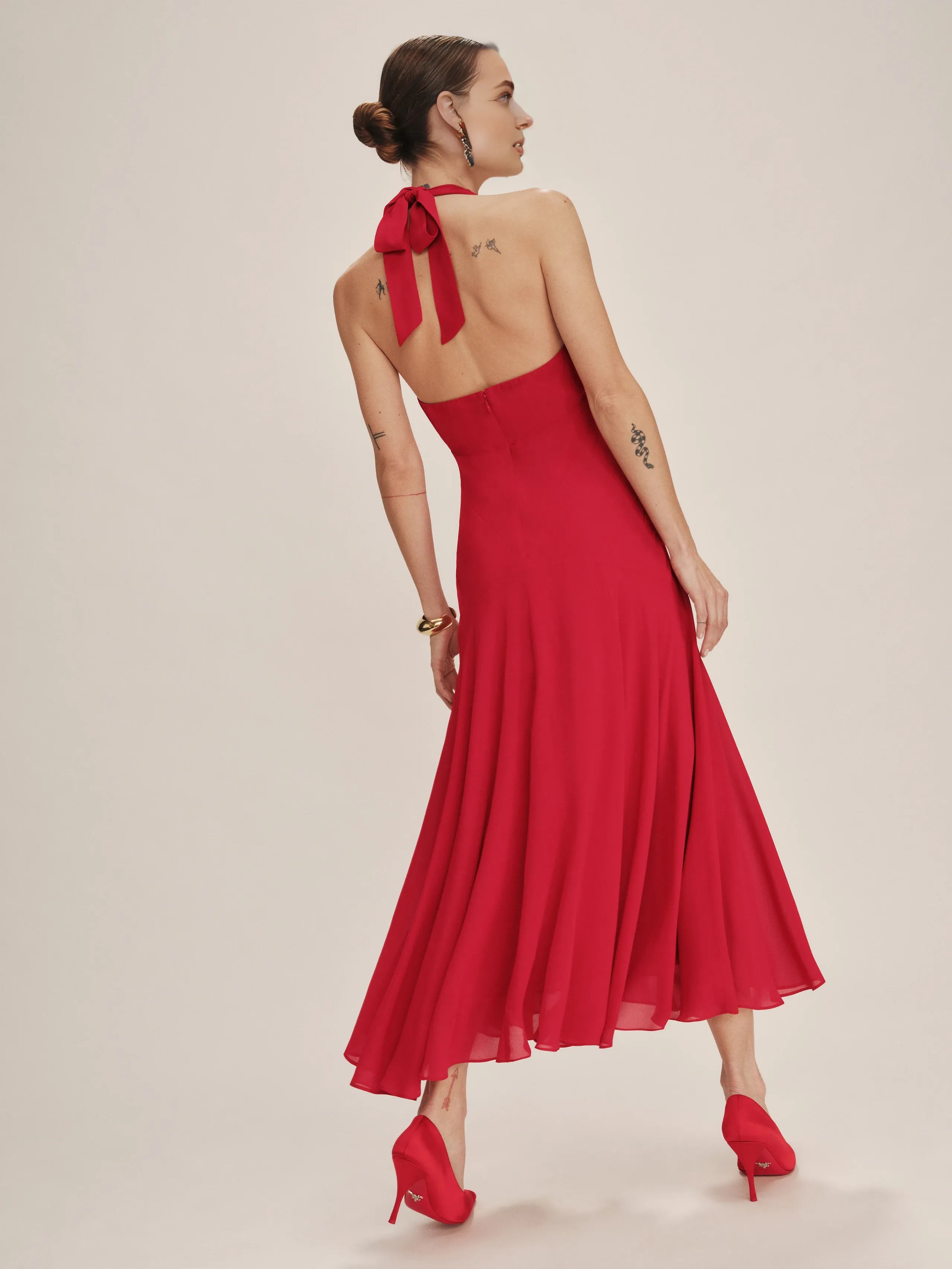 Dress Vintage Forest Halter Deep V Neck Sleeveless A-line Prom Dress Midi Dress Backless Solid Color Evening Dress