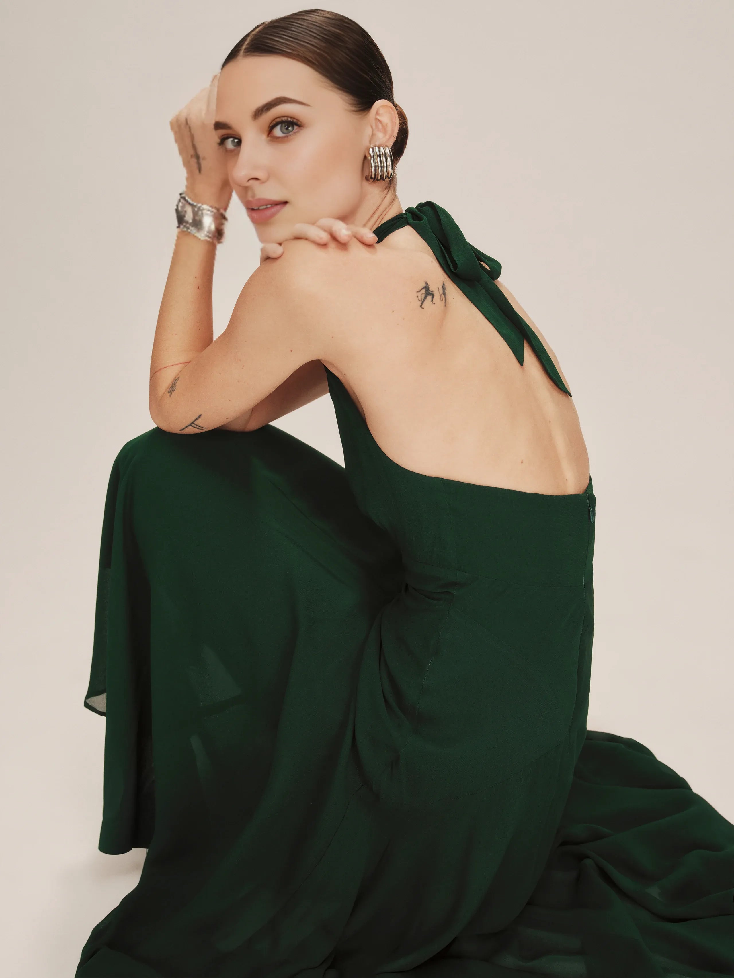 Dress Vintage Forest Halter Deep V Neck Sleeveless A-line Prom Dress Midi Dress Backless Solid Color Evening Dress