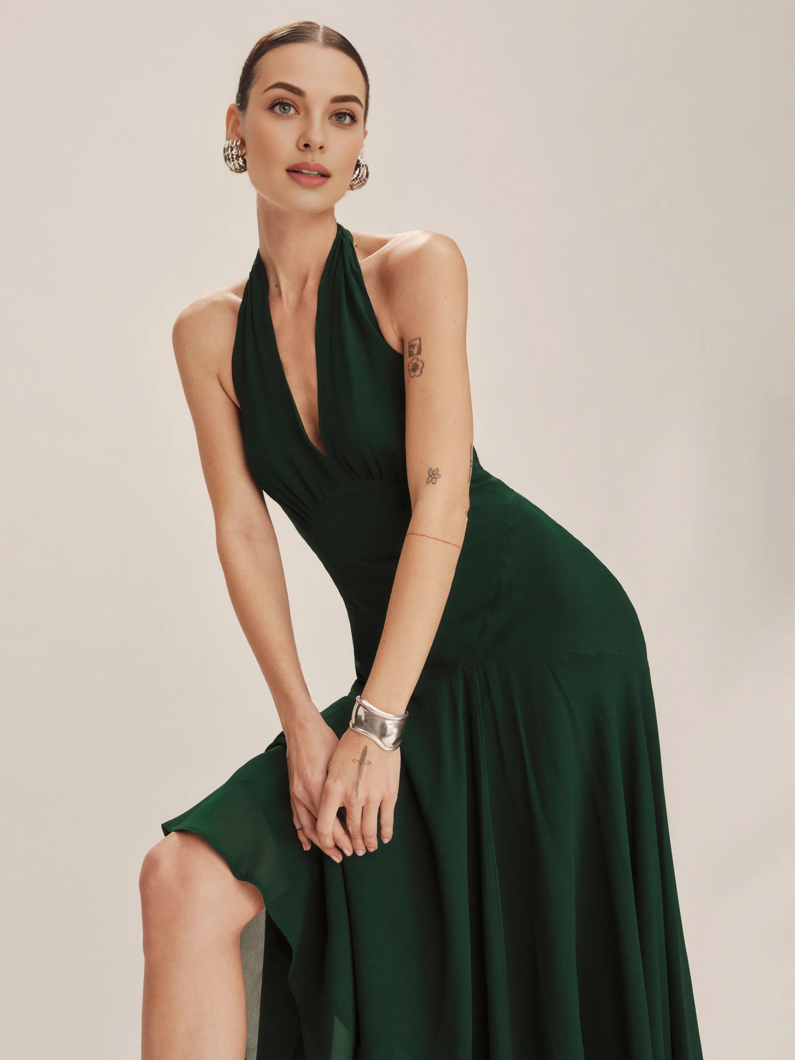 Dress Vintage Forest Halter Deep V Neck Sleeveless A-line Prom Dress Midi Dress Backless Solid Color Evening Dress