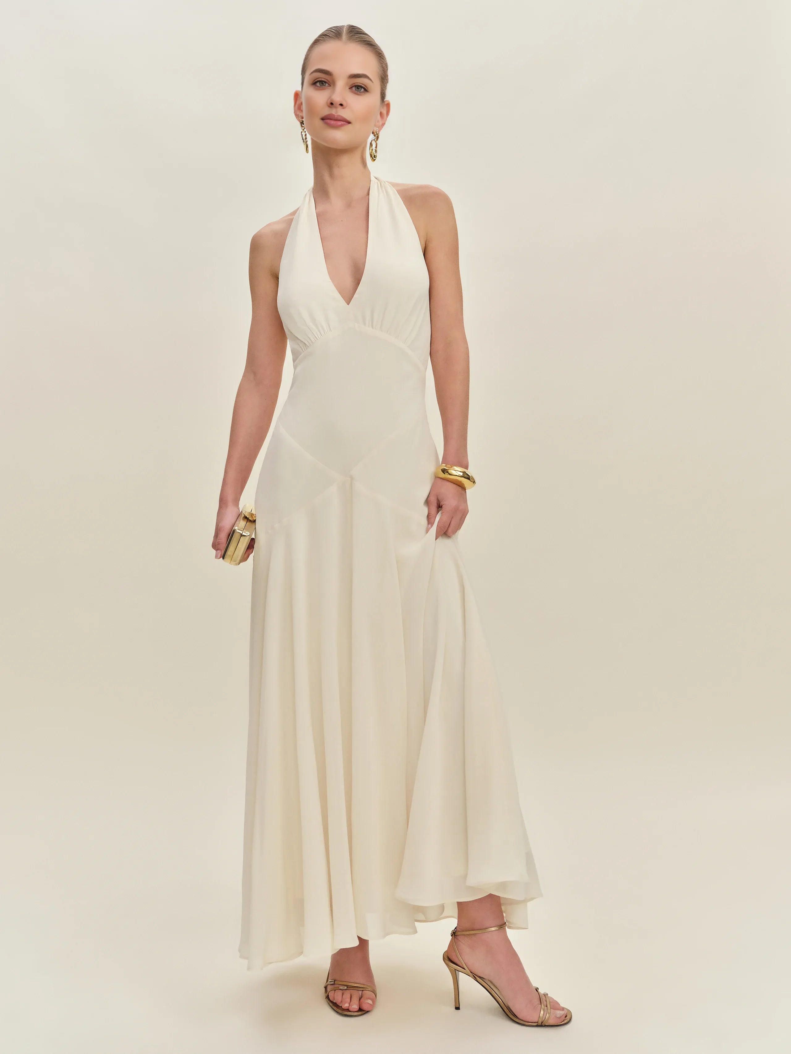 Dress Vintage Forest Halter Deep V Neck Sleeveless A-line Prom Dress Midi Dress Backless Solid Color Evening Dress