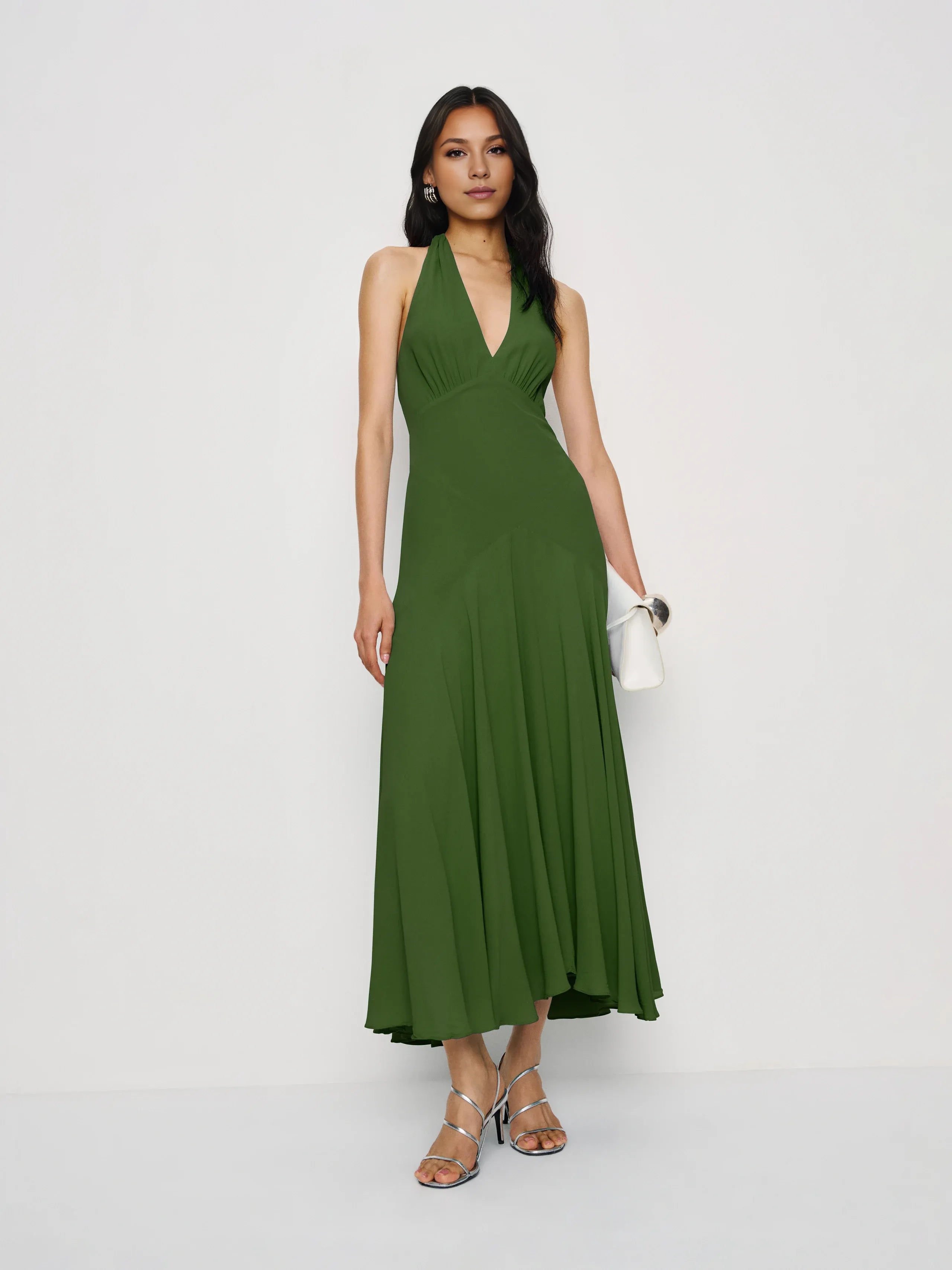 Dress Vintage Forest Halter Deep V Neck Sleeveless A-line Prom Dress Midi Dress Backless Solid Color Evening Dress