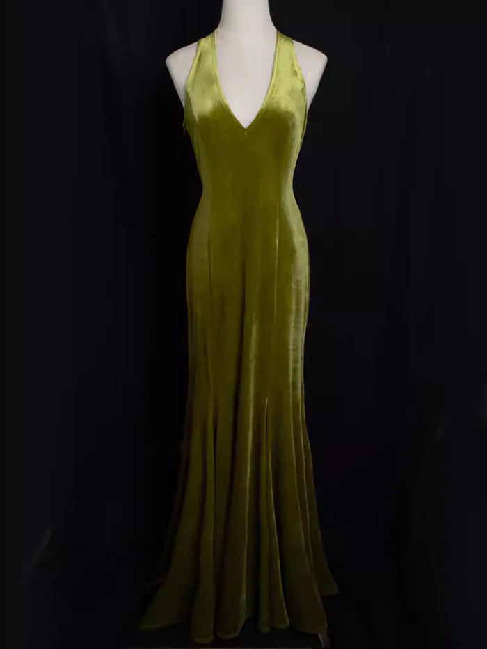 Green Vintage Mermaid/Trumpet Halter Neck Sleeveless Backless Floor-Length Party Dresses
