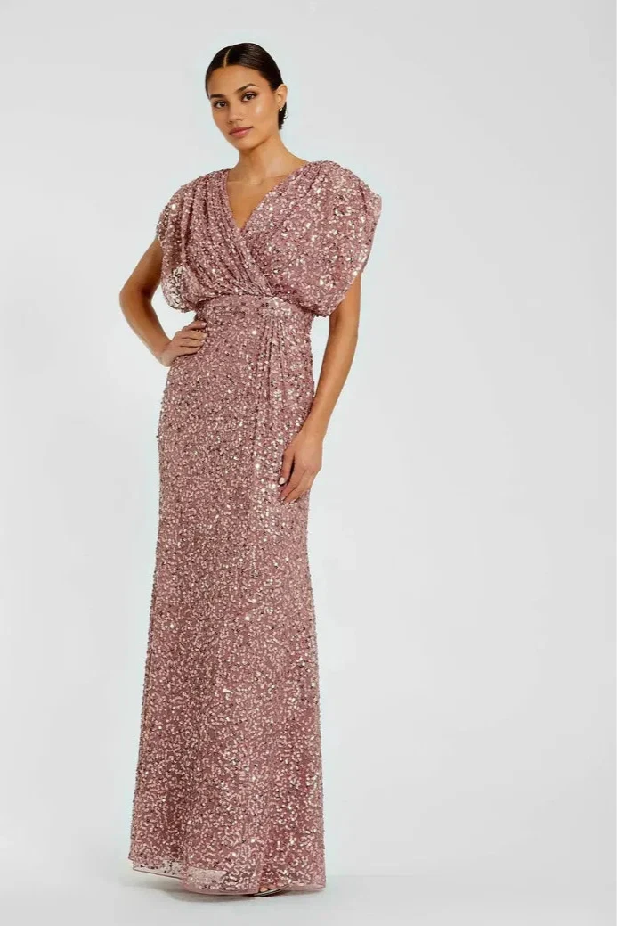 Luxury Column V Neck Draped Sleeve Zipper Up Floor-Length Prom Dress