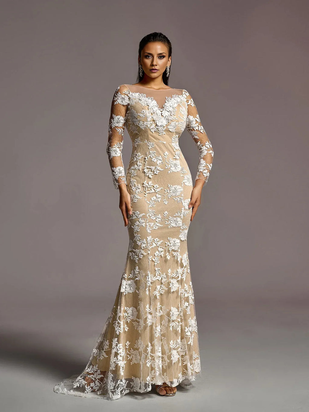 Vintage Mermaid Boat Neck Sheer Sleeves Backless Sweep/Brush Train Wedding Dress