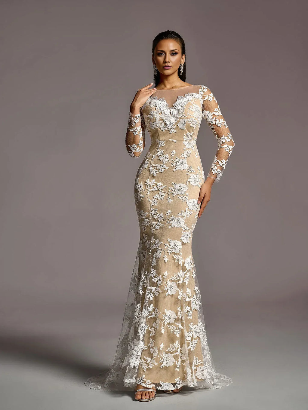 Vintage Mermaid Boat Neck Sheer Sleeves Backless Sweep/Brush Train Wedding Dress