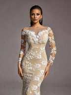Vintage Mermaid Boat Neck Sheer Sleeves Backless Sweep/Brush Train Wedding Dress