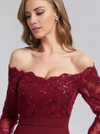 Vintage Mermaid Off the Shoulder Long Sleeve Button Chapel Train Prom Dress