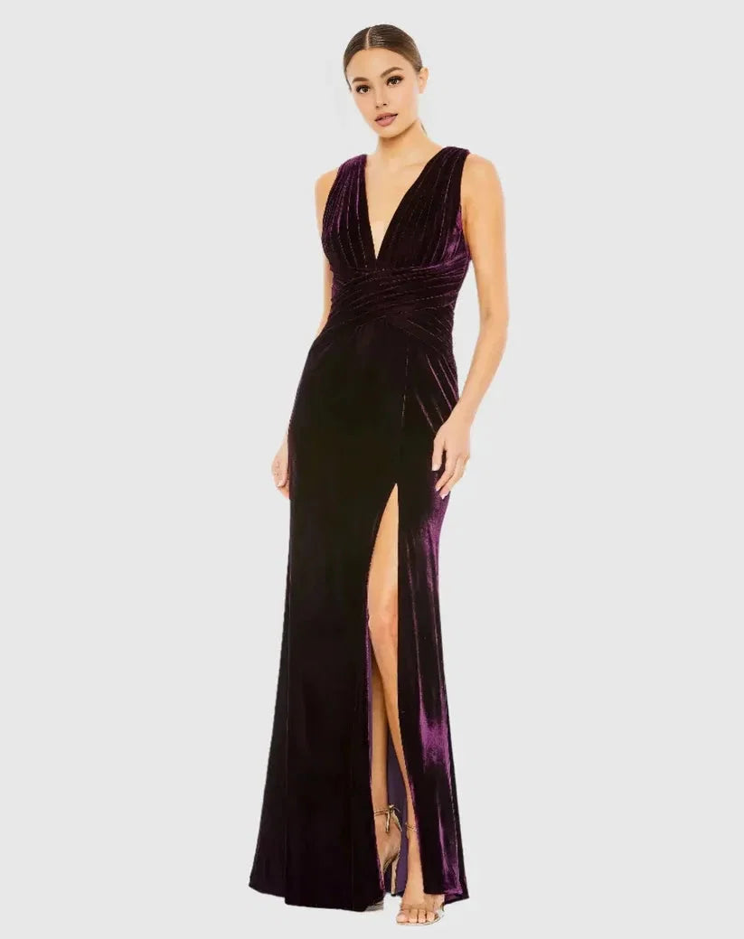 Vintage Mermaid Plunge Neck Sleeveless Zipper Up Floor-Length Prom Dress
