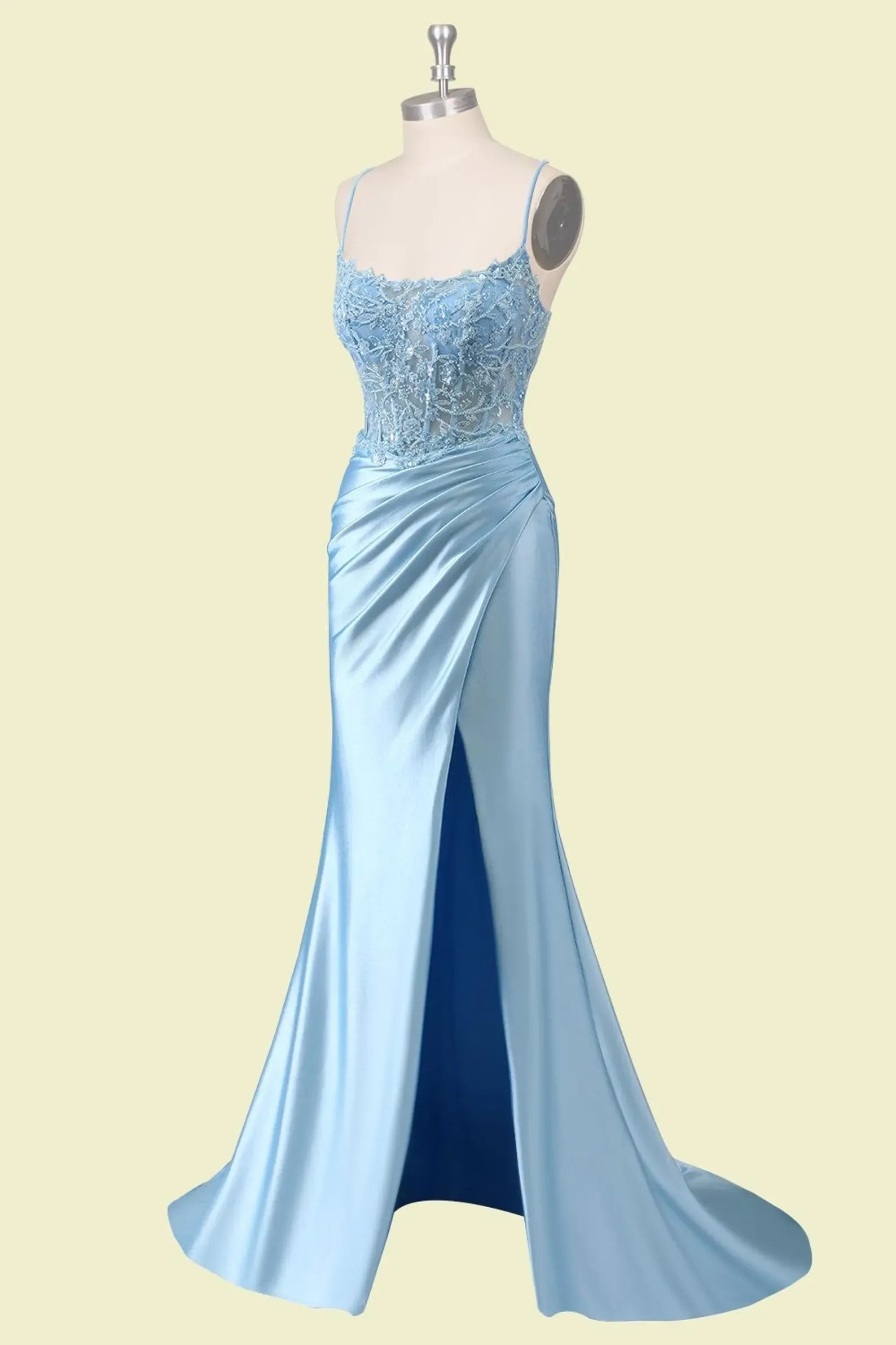 Vintage Mermaid Prom Dress With Spaghetti Straps Lace Corset Bodice In Light Blue Satin For Prom Goers
