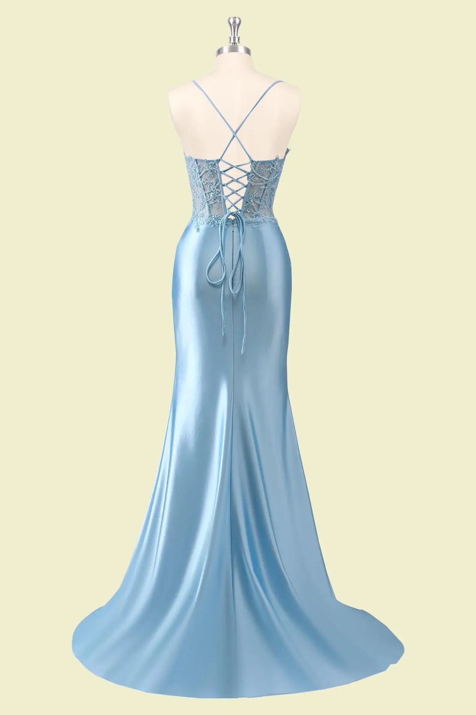 Vintage Mermaid Prom Dress With Spaghetti Straps Lace Corset Bodice In Light Blue Satin For Prom Goers