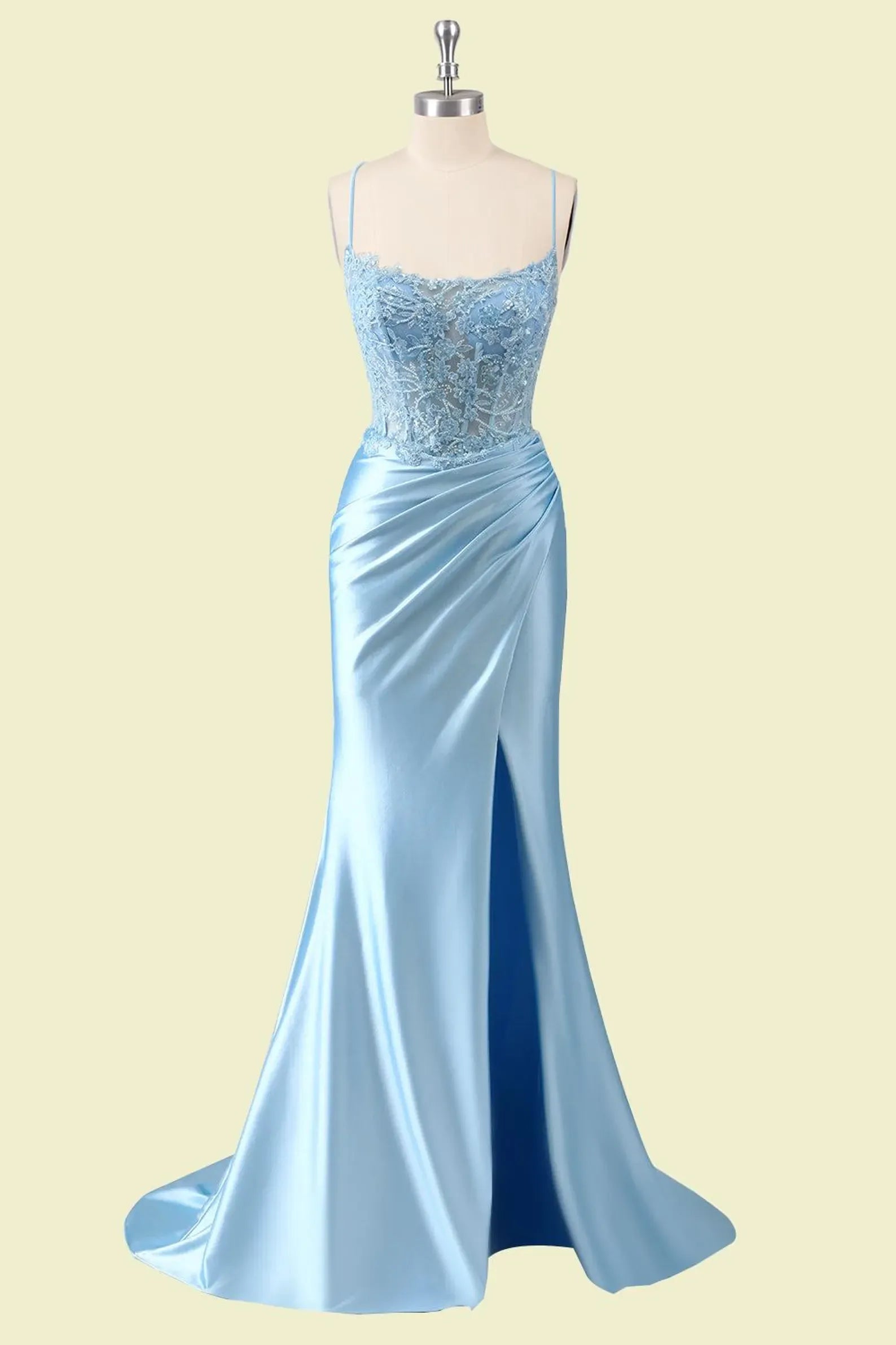 Vintage Mermaid Prom Dress With Spaghetti Straps Lace Corset Bodice In Light Blue Satin For Prom Goers