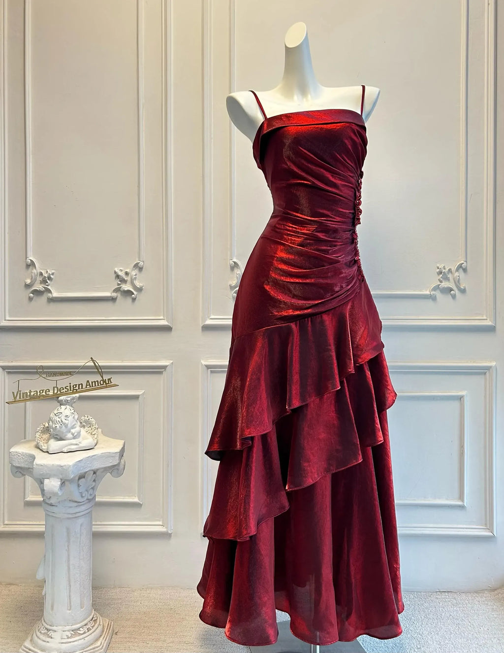 Vintage Mermaid Spaghetti Straps Ruffled Burgundy Tea-Length Prom Dress For Women Custom