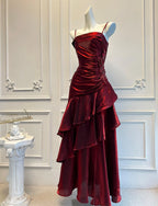 Vintage Mermaid Spaghetti Straps Ruffled Burgundy Tea-Length Prom Dress For Women Custom