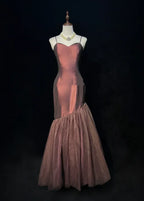 Vintage Mermaid Prom Dress With Sweetheart Neckline Spaghetti Straps Tulle Satin Brown For Elegant Prom Queens