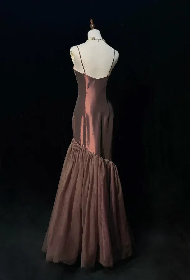 Vintage Mermaid Prom Dress With Sweetheart Neckline Spaghetti Straps Tulle Satin Brown For Elegant Prom Queens