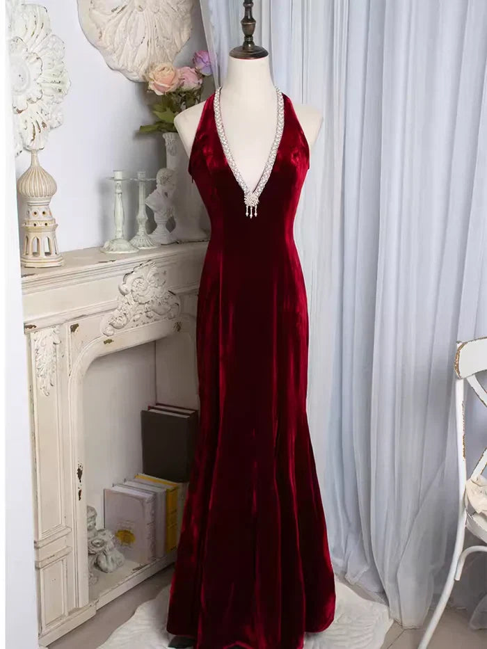 Vintage Mermaid/Trumpet Halter Neck Sleeveless Backless Floor-Length Party Dresses