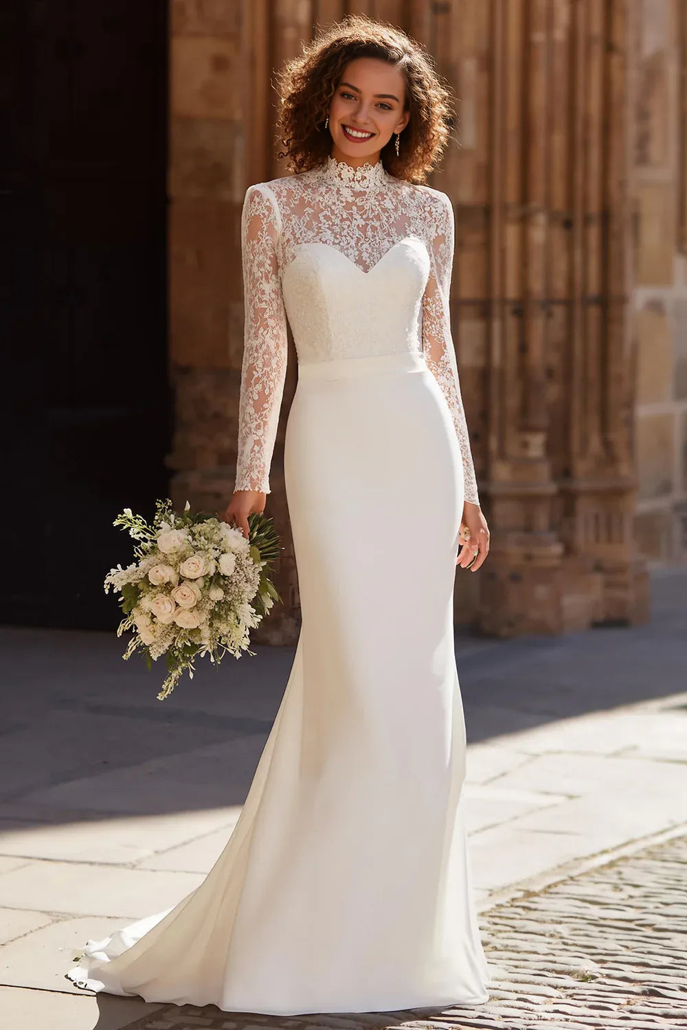 Vintage Mermaid/Trumpet High Neck Long Sleeve Sweep/Brush Train Wedding Dress