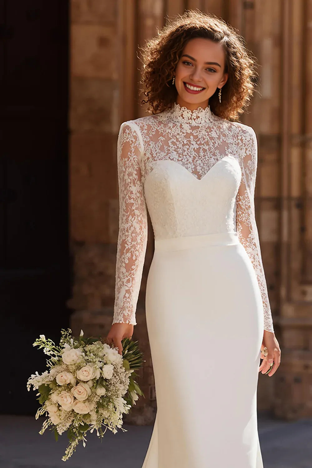 Vintage Mermaid/Trumpet High Neck Long Sleeve Sweep/Brush Train Wedding Dress
