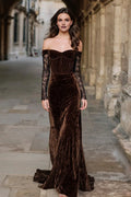 Vintage Mermaid/Trumpet Off the Shoulder Long Sleeve Sweep/Brush Train Prom Dress