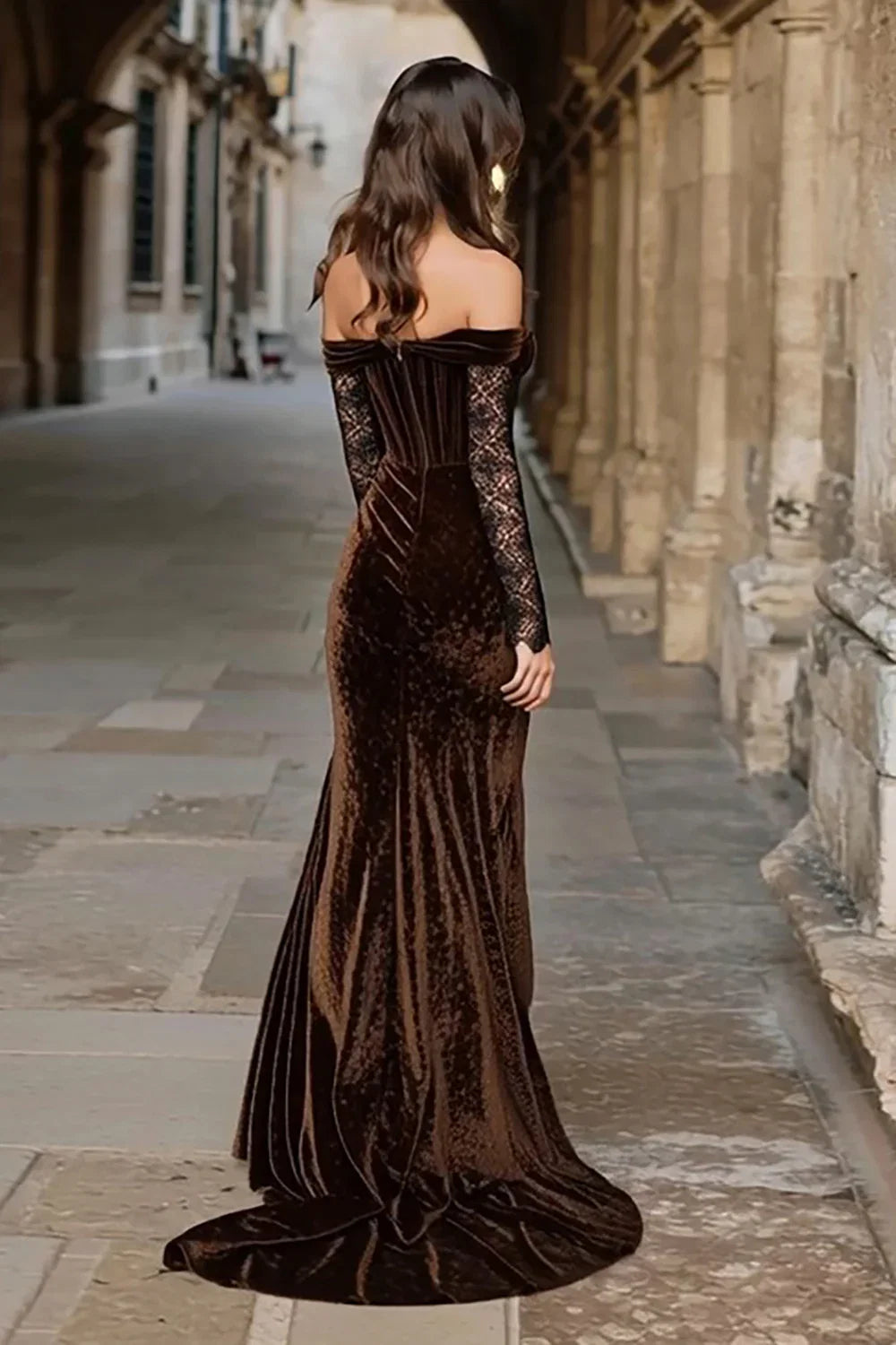 Vintage Mermaid/Trumpet Off the Shoulder Long Sleeve Sweep/Brush Train Prom Dress