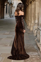 Vintage Mermaid/Trumpet Off the Shoulder Long Sleeve Sweep/Brush Train Prom Dress