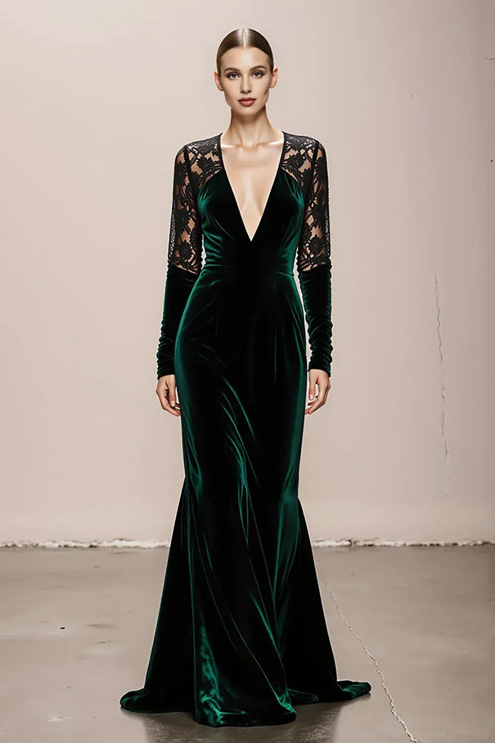 Vintage Mermaid/Trumpet V-Neck Long Sleeve Sweep/Brush Train Evening Dress
